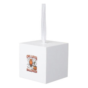 Owl Loves Halloween Orange Spider Web Pumpkin_1 Cube Ornament