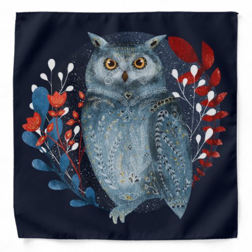 Owl Magical Floral Folk Art Watercolor Painting Bandana