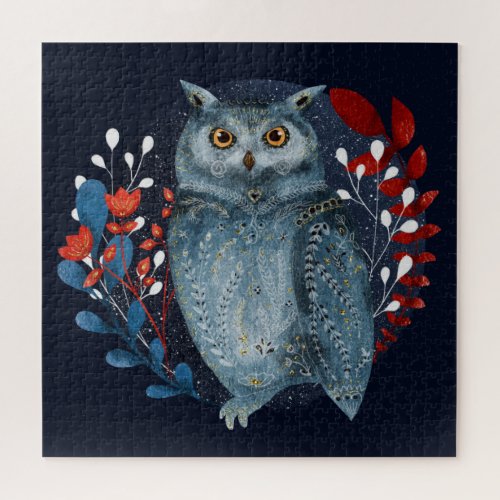 Owl Magical Floral Folk Art Watercolor Painting Jigsaw Puzzle
