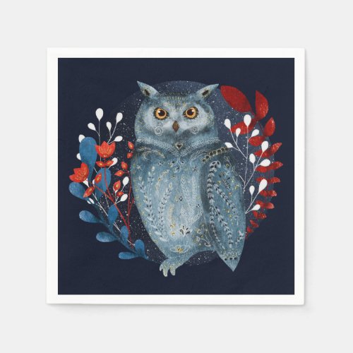 Owl Magical Floral Folk Art Watercolor Painting Napkins