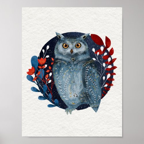 Owl Magical Floral Folk Art Watercolor Painting Poster