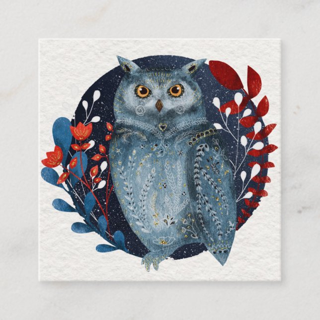 Owl Magical Floral Folk Art Watercolor Painting Square Business Card (Front)