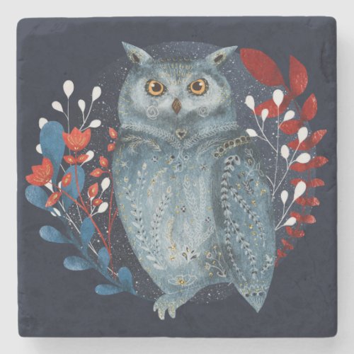 Owl Magical Floral Folk Art Watercolor Painting Stone Coaster