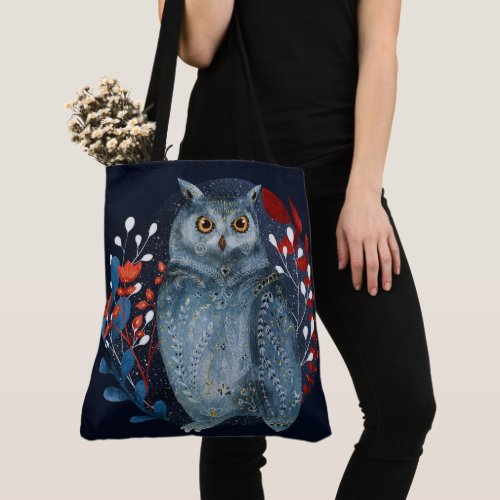 Owl Magical Floral Folk Art Watercolor Painting Tote Bag