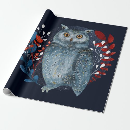 Owl Magical Floral Folk Art Watercolor Painting Wrapping Paper