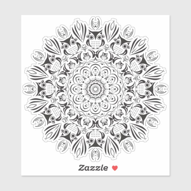 Owl mandala large round sticker (Sheet)