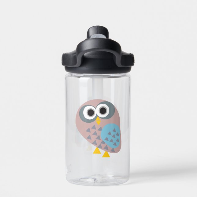 Owl mauve gray blue water bottle (Back)