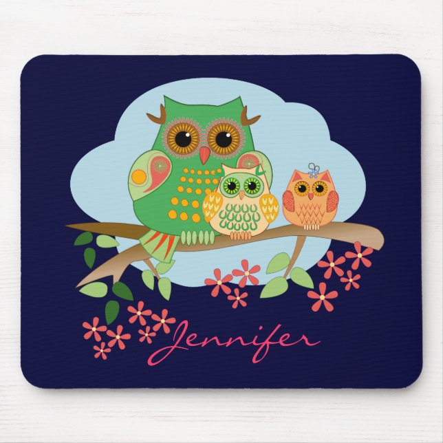 Owl Mom with her kids & Name Mousepad (Front)