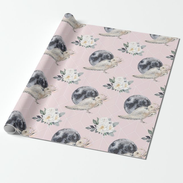 Owl Moon And Flowers Wrapping Paper (Unrolled)