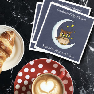 Owl Moon Blue Cute Stars Baby Shower Napkins