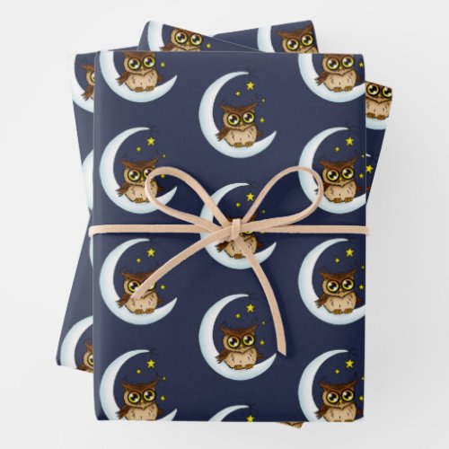 Owl Moon Blue Cute Stars Wrapping Paper Sheets