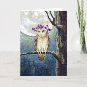 Owl Moon & Flowers Blank Card