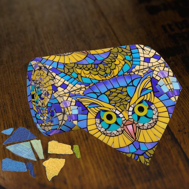 Owl mosaic in blues and yellows fun bird themed neck tie (Creator Uploaded)