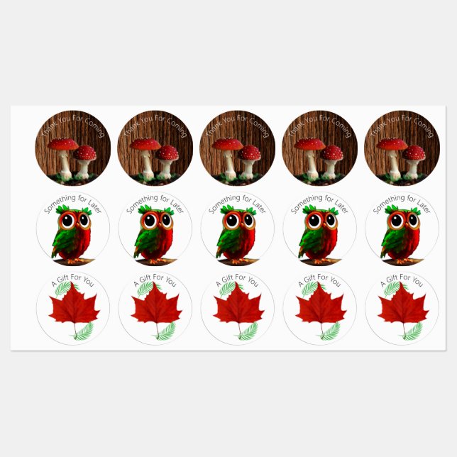 Owl, Mushrooms, Red leaf and Ferns Labels (Sheet)