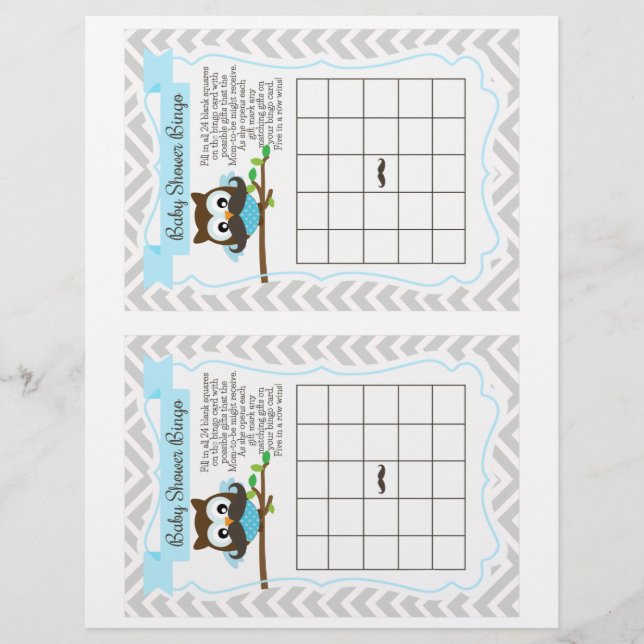Owl Mustache Baby Shower Bingo Game, 2 a page (Front)