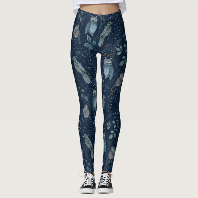 Owl Nature Bird Art in Blue Leggings (Front)