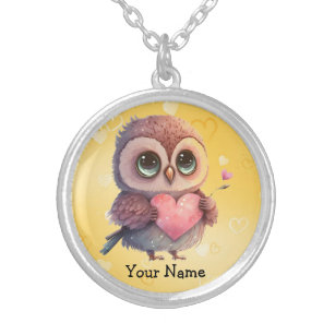 Owl Necklace Pendant with Yellow Hearts 