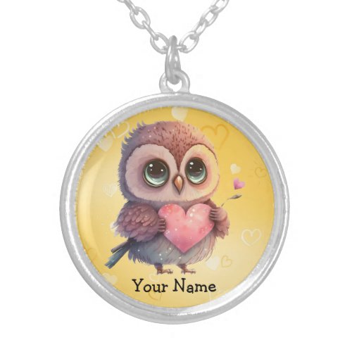 Owl Necklace Pendant with Yellow Hearts 