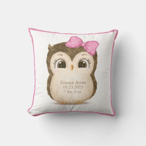 Owl Nursery Birth Stats Girly Keepsake Watercolor Throw Pillow