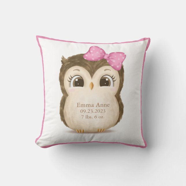 Owl Nursery Birth Stats Girly Keepsake Watercolor Throw Pillow (Front)