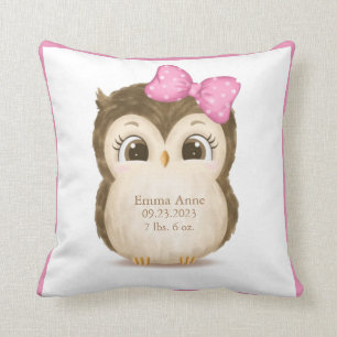 Owl Nursery Birth Stats Girly Keepsake Watercolor Throw Pillow