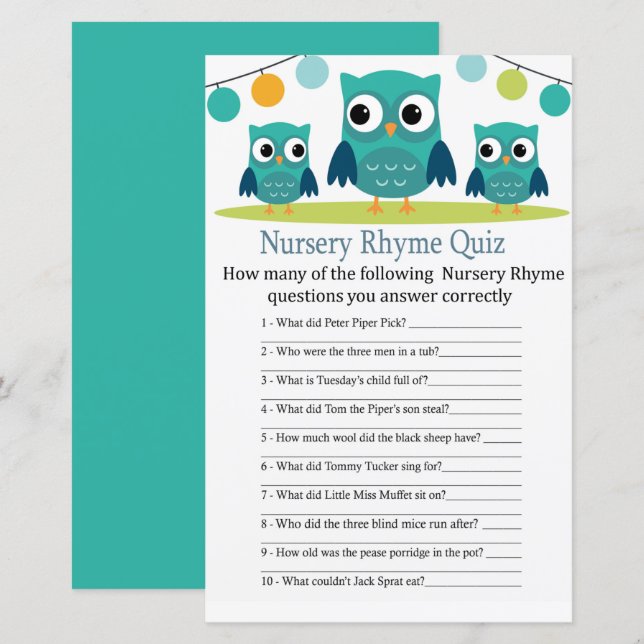 Owl Nursery Rhyme Quiz baby shower game (Front/Back)