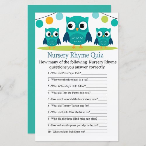 Owl Nursery Rhyme Quiz baby shower game