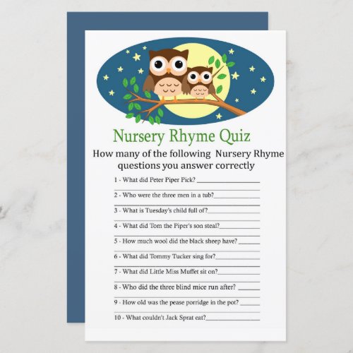 Owl Nursery Rhyme Quiz baby shower game