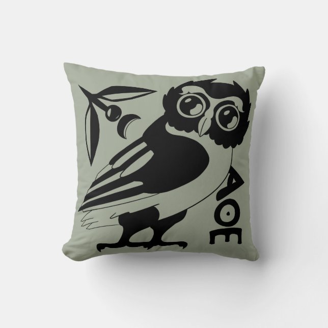 Owl of Minerva Pillow, Green/gray(#a3ac99) Throw Pillow (Front)