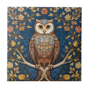 Owl on a branch blue autumn background art nouveau ceramic tile