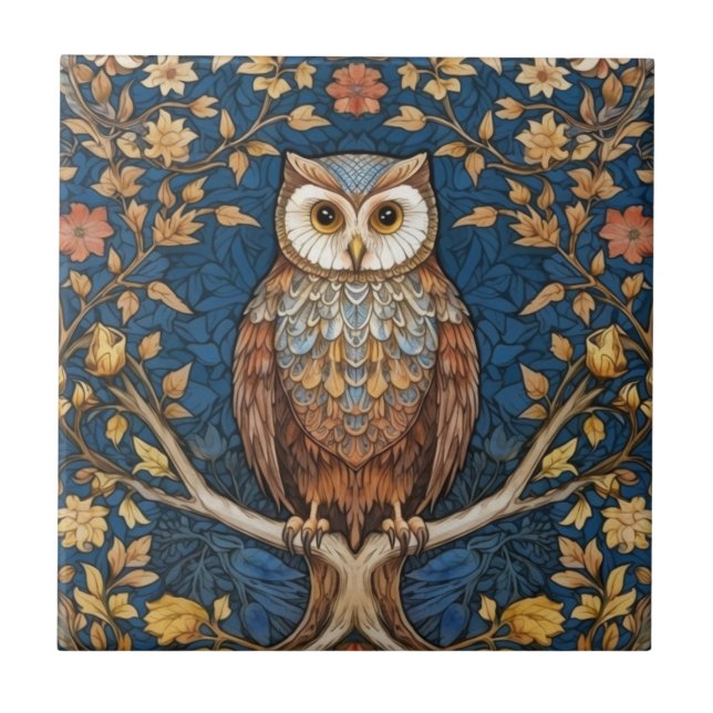 Owl on a branch blue autumn background art nouveau ceramic tile (Front)