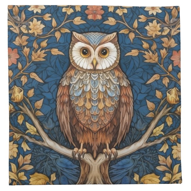 Owl on a branch blue autumn background art nouveau cloth napkin (Front)