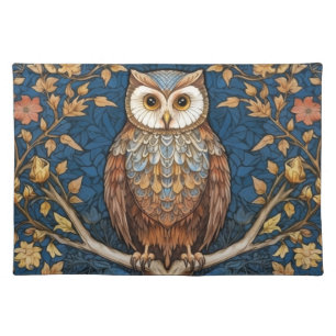 Owl on a branch blue autumn background art nouveau cloth placemat