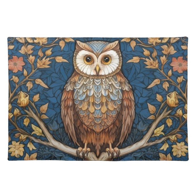 Owl on a branch blue autumn background art nouveau cloth placemat (Front)