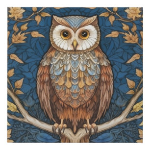 Owl on a branch blue autumn background art nouveau faux canvas print