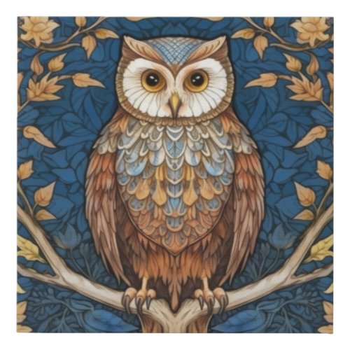 Owl on a branch blue autumn background art nouveau faux canvas print