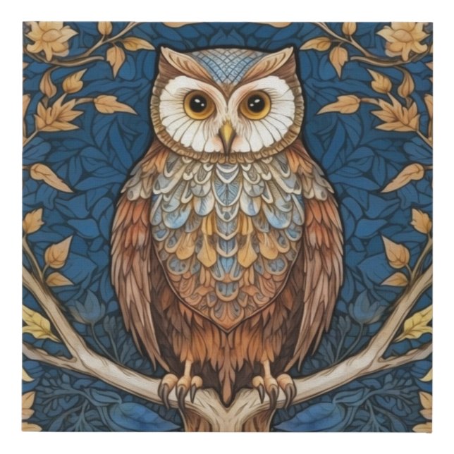 Owl on a branch blue autumn background art nouveau faux canvas print (Front)