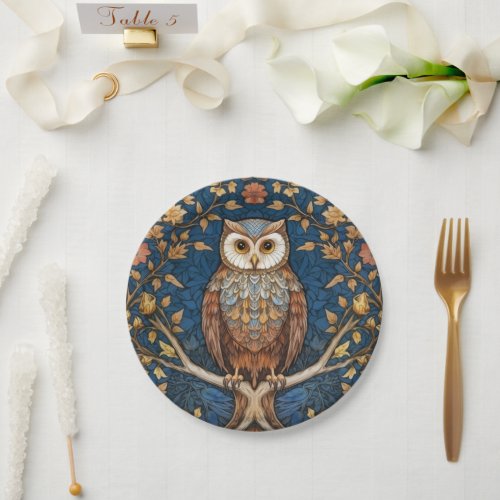 Owl on a branch blue autumn background art nouveau paper plates