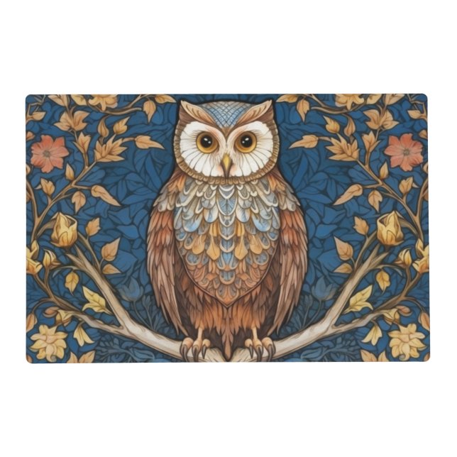 Owl on a branch blue autumn background art nouveau placemat (Front)