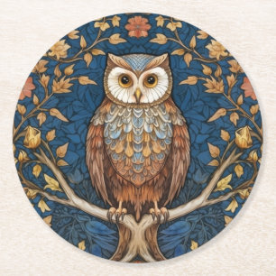 Owl on a branch blue autumn background art nouveau round paper coaster