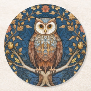 Owl on a branch blue autumn background art nouveau round paper coaster