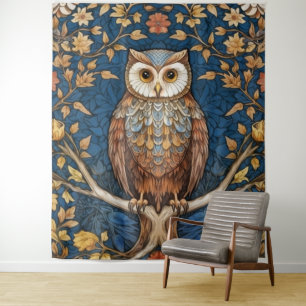 Owl on a branch blue autumn background art nouveau tapestry