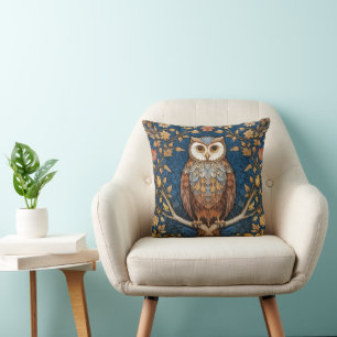 Owl on a branch blue autumn background art nouveau throw pillow