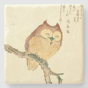 Owl on a branch - Vintage Japanese Fine Art Stone Coaster