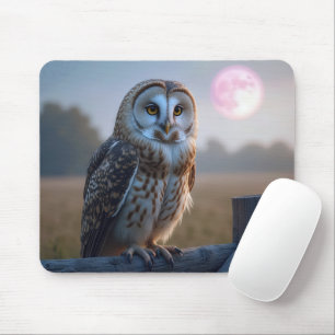 Owl On a Fence With Pink Moon Mouse Pad