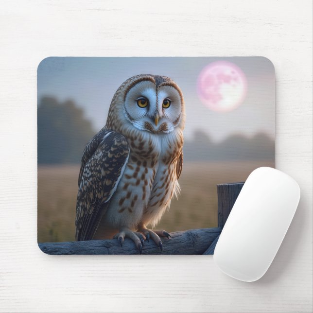 Owl On a Fence With Pink Moon Mouse Pad (With Mouse)