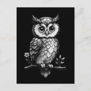 Owl on a flowering branch - black and white postcard
