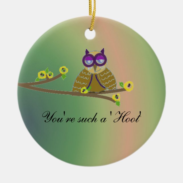 Owl on a Tree Branch Ceramic Ornament (Front)