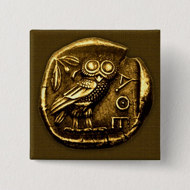 Owl on ancient greek coin pinback button (Front)