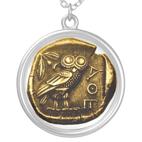Owl on ancient greek coin silver plated necklace